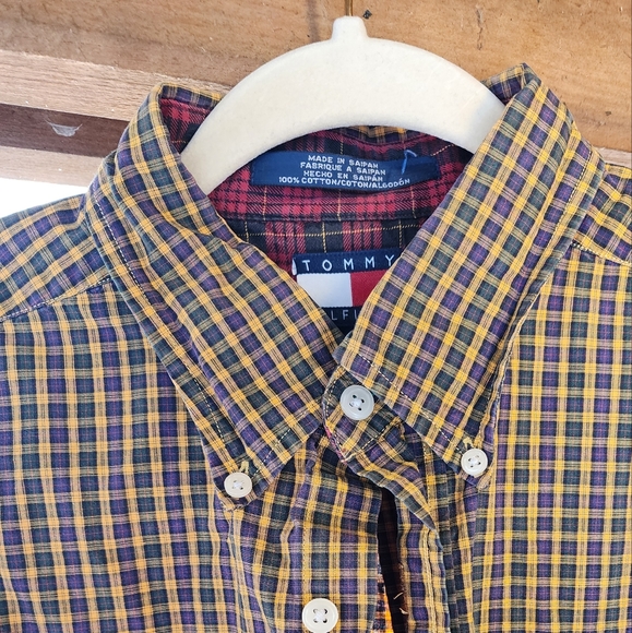 Vintage Tommy Hilfiger Long Sleeve Shirt Gold/Brown Plaid Large Logo Size Large - Picture 10 of 14